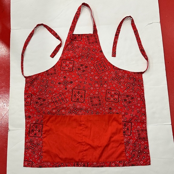Red Cloth Tie Apron Chef Cooking Pockets Paisley Geometric Print - Picture 2 of 15